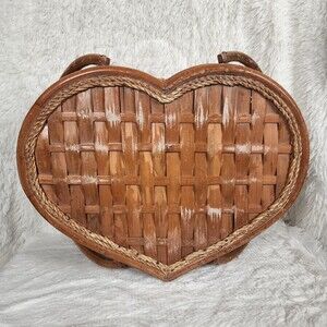 Vintage Large 18" Heart Wicker Bamboo Picnic Sewing Basket Home Decor